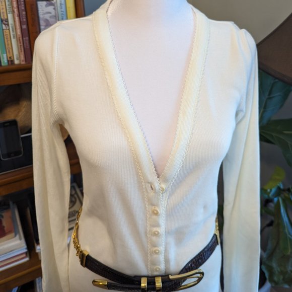 REBECCA TAYLOR Ribbed Pima Cotton Cardigan V-Neck in Oat Size Medium New - Picture 9 of 10